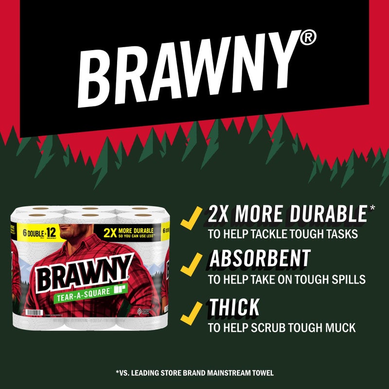 Brawny Tear-A-Square Paper Towels, 2 Double Rolls = 4 Regular Rolls, 3 Sheet Sizes (Quarter, Half, Full), Strength for All Messes, Cleanups, and Meal Prep - Image 2